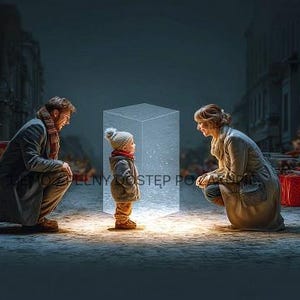 May include: A family, including a child, gazes at a glowing, translucent cube in a winter scene. The child is wearing a winter hat and coat. Christmas presents and a decorated tree are in the background.