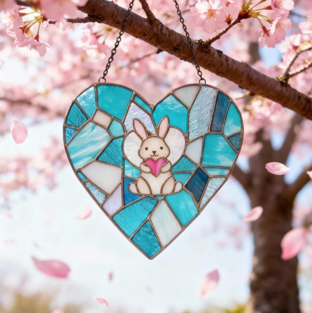 Stained Glass Bunny Rabbit Suncatcher Heart, Handmade Glass Art Window ...