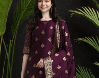 Jacquard Kurta Set Women Dupatta | Art Silk Embroidered Wedding Outfit