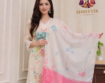 Embroidered Organza Suit Set | Digital Print Dupatta, Chanderi Silk Pant