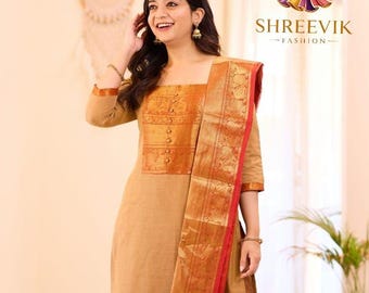 Kanchi Cotton Suit Set with Zari Jacquard Dupatta | South Inspired Printed Set
