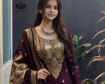 Banarasi Jacquard Suit Set with Dupatta | Zari Woven Indian Festive Kurti Set for Women