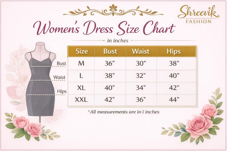 May include: A Women's Dress Size Chart in inches, with bust, waist, and hip measurements for sizes M, L, XL, and XXL. The chart includes a dress form illustration and floral accents. The Shreevik Fashion logo is in the upper right corner.
