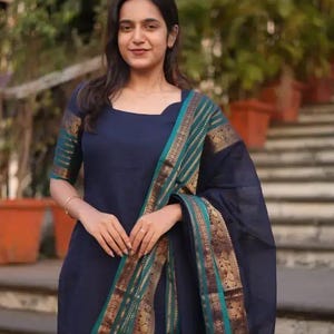 Blue Kanchi Cotton Suit Set | Hand Zari Jacquard, Ethnic Wear image 6