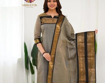 Kanjivaram Cotton Kurta Set with Zari Work Dupatta, Ankle Length Indian Outfit