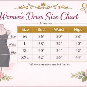 May include: A Women's Dress Size Chart in inches, with bust, waist, and hip measurements for sizes M, L, XL, and XXL. The chart includes measurements like 36" bust, 30" waist, and 38" hips for size M. The Shreevik Fashion logo is in the top right.