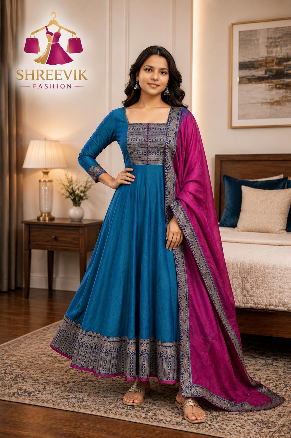 Vichitra Silk Anarkali Gown with Dupatta Jacquard Zari Weave Festive Indian Dress