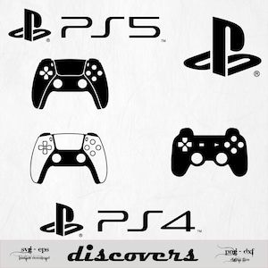 May include: Black and white digital art featuring PlayStation logos, PS5 and PS4 text, and controller designs. The word "discovers" is also present. The image includes SVG, EPS, PNG, and DXF file type indicators.