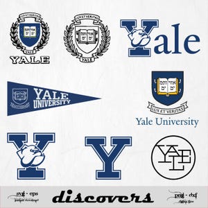 May include: A collection of Yale University logos and emblems in blue and white. The designs include the Yale name, the university seal with the Latin motto "Lux et Veritas", and a pennant. The word "discovers" is also present.