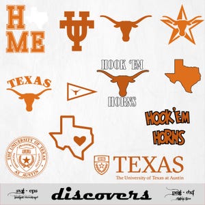 May include: A collection of orange and white Texas-themed graphics. Includes the words "HOME" and "TEXAS", the phrase "HOOK 'EM HORNS", a longhorn silhouette, a star, a pennant, and the outline of the state of Texas. The text "The University of Texas at Austin" is also present.
