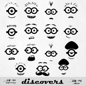 May include: A selection of black and white cartoon faces, each with round glasses and a unique expression. The faces display diverse hairstyles and mouth shapes, such as smiles, frowns, and open mouths. The word "discovers" is written in a decorative font.