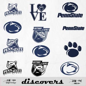 May include: A collection of Penn State Nittany Lions logos and graphics in navy blue and white. The designs include the Nittany Lion head, the Penn State logo, paw prints, and the word "LOVE" with a paw print heart.