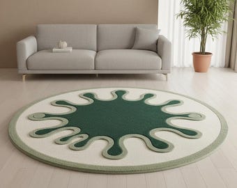 Moderner abstrakter runder grüner Teppich | Organisches Amöben-Design
