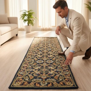 Op de afbeelding: Een lang, rechthoekig loperkleed met een donkerblauwe achtergrond en een ingewikkeld, herhalend bloemen- en rankenpatroon in tinten goud, crème en roestoranje, afgewerkt met een decoratieve rand langs alle vier de zijden.