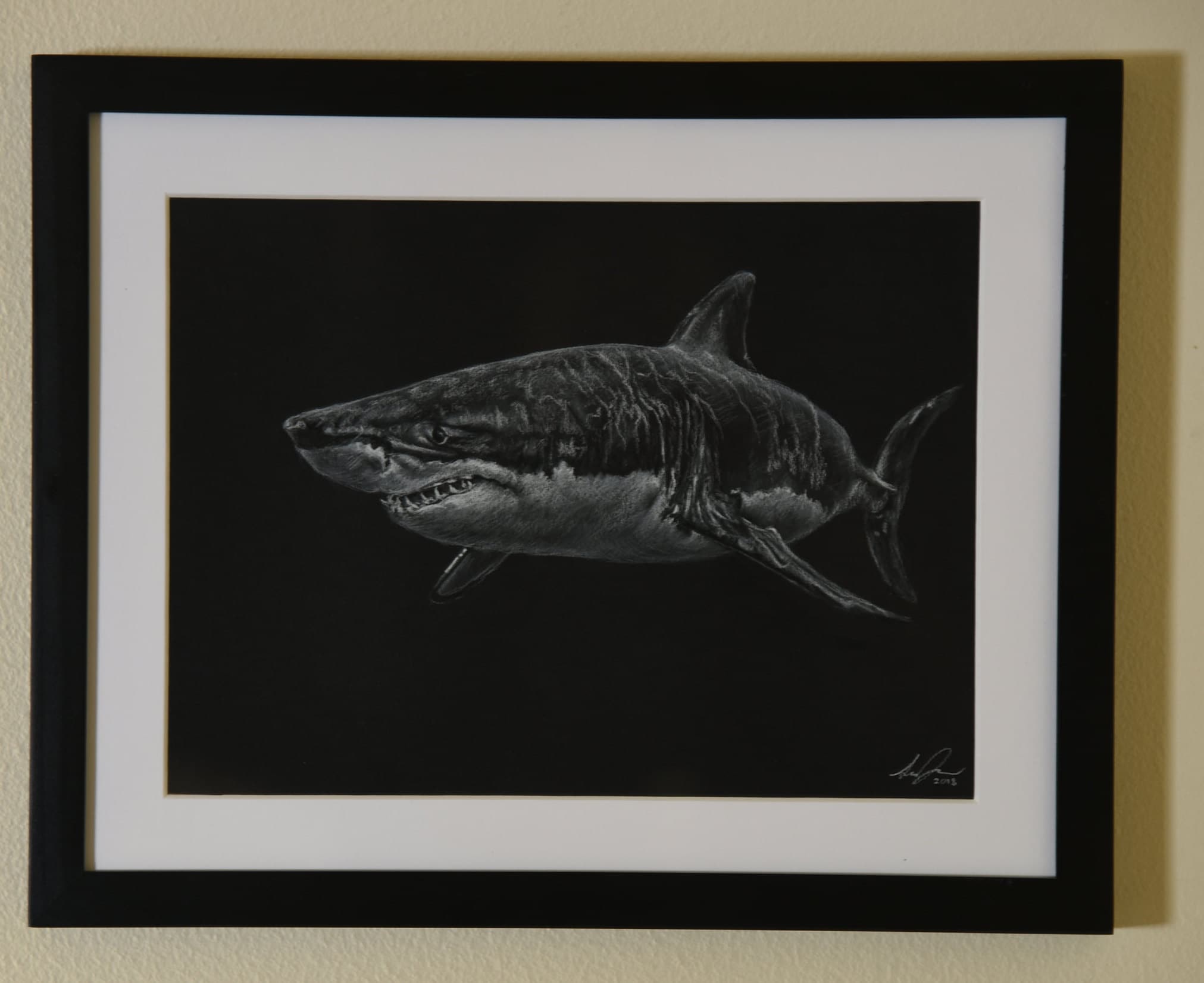 Dibujo enmarcado y mate del gran tiburón blanco de carbón blanco 11\, image size:2023x1651