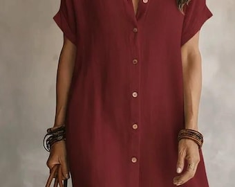 Weinrotes Hemdkleid für Damen, Midikleid mit Knopfleiste, lässiges Kleid in lockerer Passform, Boho-Kleid mit kurzen Ärmeln, Sommerkleid