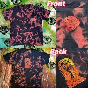 Third Eye Front Pocket T-Shirt- Bleach/ Reverse Tie Dye with Holographic Gold Green and Copper Images