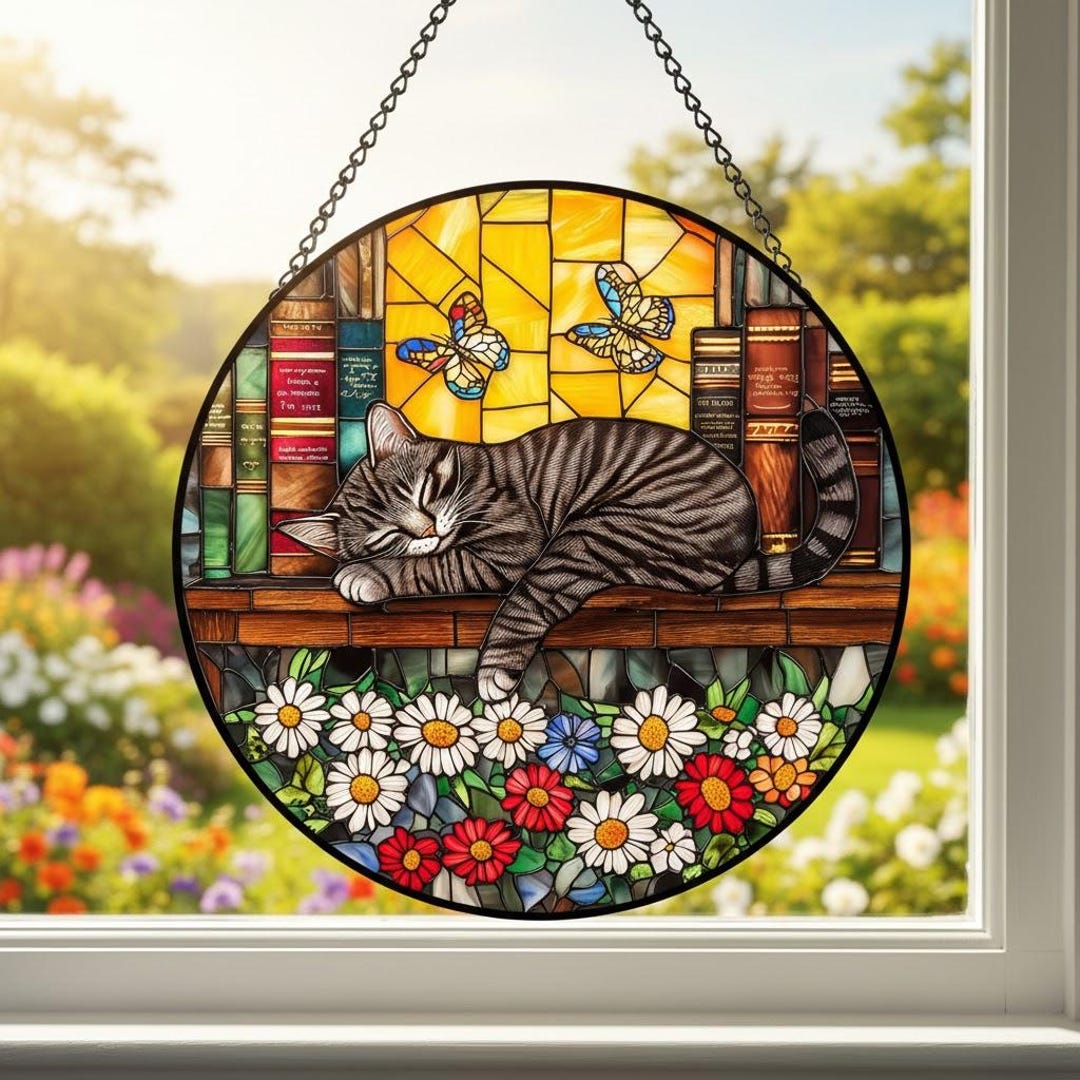 Sleeping Cat on Bookshelf Stained Glass Suncatcher, Tabby Cat Window ...