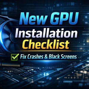 Op de afbeelding: Afbeelding van een computer grafische kaart met de tekst "New GPU Installation Checklist". De checklist belooft "Fix Crashes & Black Screens". De afbeelding heeft een donkerblauw en zwart kleurenschema.