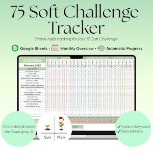 Puede incluir: Un rastreador digital de 75 Soft Challenge que se muestra en la pantalla de una computadora portátil. El rastreador es una hoja de cálculo con un diseño de calendario, con seguimiento de hábitos para febrero de 2026. La imagen incluye el texto "75 Soft Challenge Tracker".