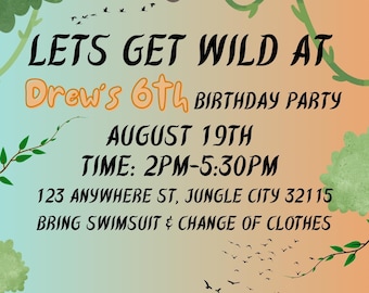 Tiger Birthday Invitation, Jungle Theme, Party Animal Template (Digital Download), let’s get wild invite