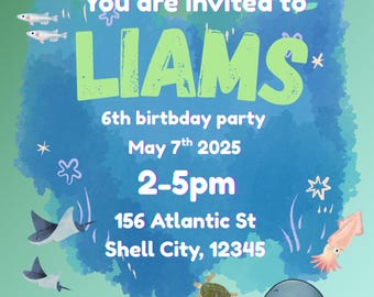 Shark Birthday Invitation, Ocean Theme, Kid Template (Editable in Canva), party animal invite