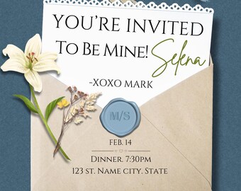 Blue Valentine's Envelope Invitation, Custom Dinner Party Invite (Digital Download, Canva Template)