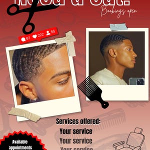 May include: A red and white advertisement for a barber shop. The text "Need a cut?" is at the top, with images of haircuts and a barber chair. The ad includes the text "Bookings open" and "20% off for new clients."