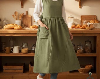 Baumwoll-Schürzenkleid mit Taschen – japanische Latzschürze, Leinenoptik-Schürze, verstellbare seitliche Krawatte, Cottagecore-Küchenkittel