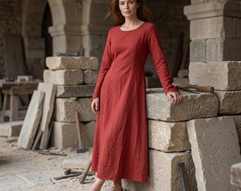 Mittelalter Bauern Maxi Kleid – Wikinger Langarm Kleid, Renaissance Faire Outfit, Cottagecore Fantasy Kostüm für Damen