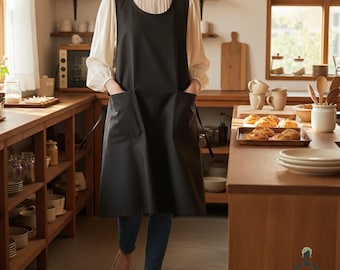 Japanische Schürze mit Taschen - Kochschürze im Leinen-Look, minimalistische Küchenschürze, verstellbare seitliche Bindung, schwarz-rostige Schürze