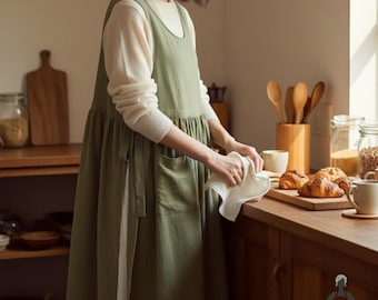 Japanisches Baumwollschürzenkleid mit Taschen - Verstellbare, seitliche Krawatte, Schürzenkleid, Cottagecore-Küchenschürze, minimalistische Damenschürze