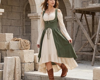 Mittelalter Renaissance Kleid - Bauernkostüm für Damen, Cottagecore Kleid, Fantasy LARP Outfit, Ren Faire Robe, Cosplay Kleidung