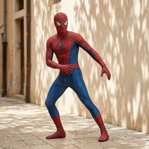 May include: A full-body Spiderman costume featuring a vibrant red and blue color scheme with a black web pattern overlay. The suit includes a matching full-head mask with large white eye lenses and a black spider emblem centered on the chest area.
