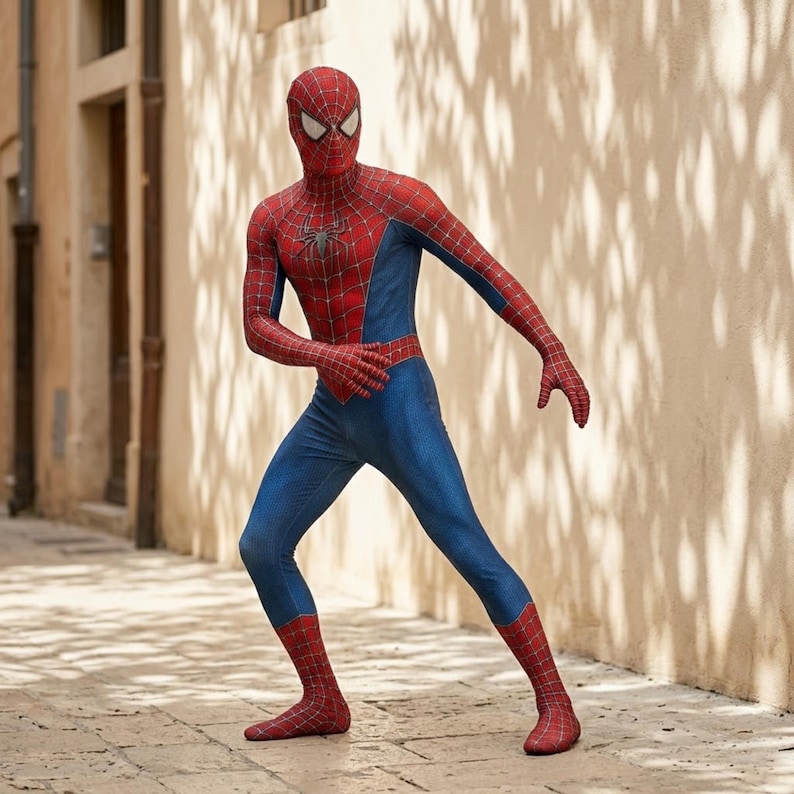 May include: A full-body Spiderman costume featuring a vibrant red and blue color scheme with a black web pattern overlay. The suit includes a matching full-head mask with large white eye lenses and a black spider emblem centered on the chest area.