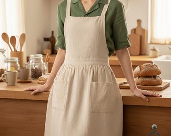 Ärmellose Schürze aus Baumwolle - Küchenschürze im Leinenstil, japanische Schürze, Kochschürze, minimalistische Arbeitsschürze