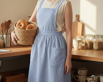 Baumwoll-Schürze mit gekreuzten Rücken, japanische Schürze, Küchenschürze im Leinenlook, Backschürze, Kochschürze, Minimalistische Schürze mit Taschen