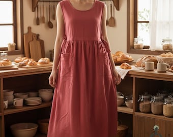 Baumwoll-Trägerschürzenkleid - Verstellbares Kleid mit seitlicher Krawatte im Leinenstil, Cottagecore-Schürze, rustikales Arbeitskleid, handgefertigte Kleidung