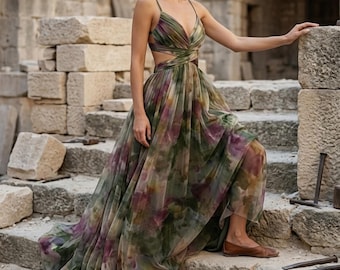Mittelalter-Fantasy-Maxikleid - Renaissance-Messekleid, LARP-Fairycore-Kleid, Mittelalterkostüm, Elfen-Boho-Chiffonkleid