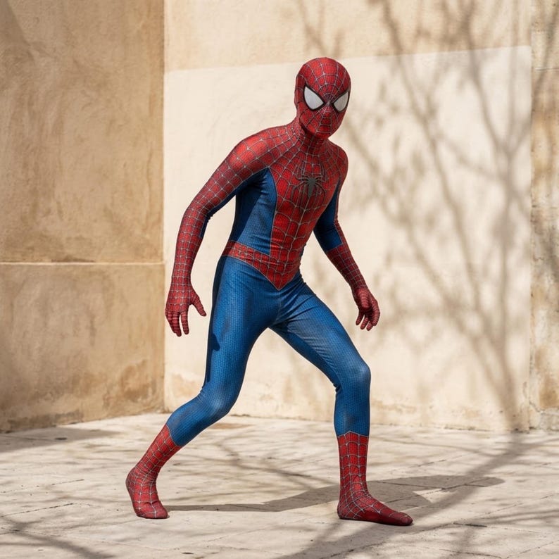 Adult red and blue superhero cosplay bodysuit with mask, full body costume displayed outdoors.