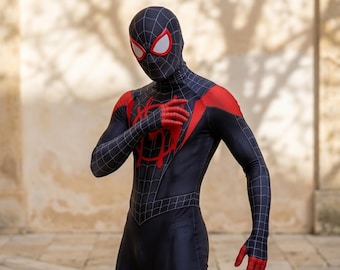 Spiderman Miles Inspired Costume – Black Red Superhero Bodysuit, Full Body Cosplay Suit, Halloween Party Outfit, Comic Fan Gift