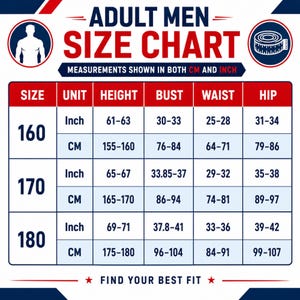 May include: An adult size chart with red and blue text on a white background. The chart displays height, bust, waist, and hip measurements in both inches and centimeters for sizes 160, 170, and 180. Icons of a human torso and tape measure are included.