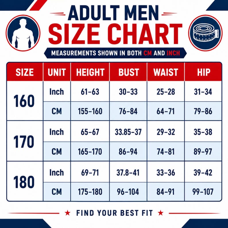 May include: An adult size chart with red and blue text on a white background. The chart displays height, bust, waist, and hip measurements in both inches and centimeters for sizes 160, 170, and 180. Icons of a human torso and tape measure are included.