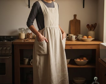 Linen Pinafore Apron Dress with Pockets – Cottagecore Dress, Japanese Style Smock, Loose Fit Midi, Linen Jumper, Beige Burgundy Black