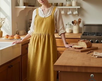 Cottagecore Schürze - Baumwollschürze im Leinenlook mit Taschen, Backschürze zum Backen, gemütliche Arbeitskleidung