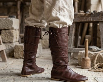 Medieval Knee High Leather Boots – Renaissance Boots, LARP Footwear, Viking Boots, Pirate Costume Shoes, Fantasy Cosplay Boots