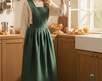 Grünes Leinen Schürzenkleid - Schürze mit gekreuzten Schultern, Cottagecore Küchenschürze, Bäckerschürze, Japanischer Stil, Handmade-Look