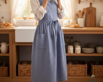 Cotton Pinafore Apron Dress – Japanese Style Kitchen Apron, Cottagecore Linen Look, Women’s Baking Apron, Farmhouse Apron