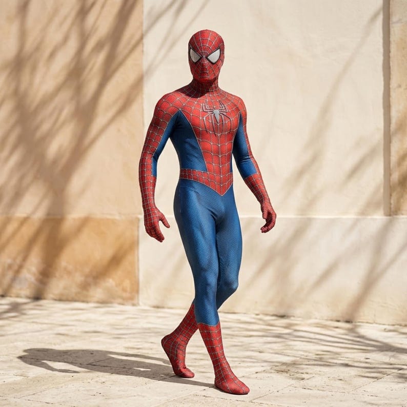 Men’s spider-inspired hero costume suit showing detailed fabric texture and fitted cosplay design.