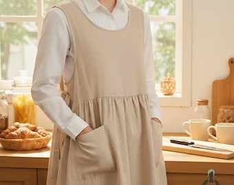Linen Cotton Apron Dress – Pinafore Apron, Long Kitchen Smock, Cottagecore Apron, Minimalist Work Apron, Pockets